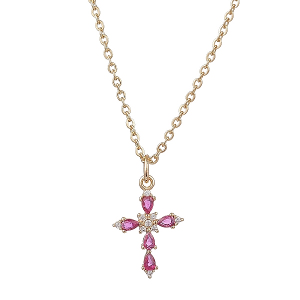 Brass Glass Cross Pendant 304 Stainless Steel Cable Chain Necklaces for Women