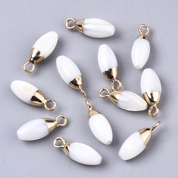 PandaHall Natural Freshwater Shell Charms, with Light Gold Plated Brass Loop and Half Drilled Hole, Teardrop, Creamy White, 14~15x5mm, Hole...