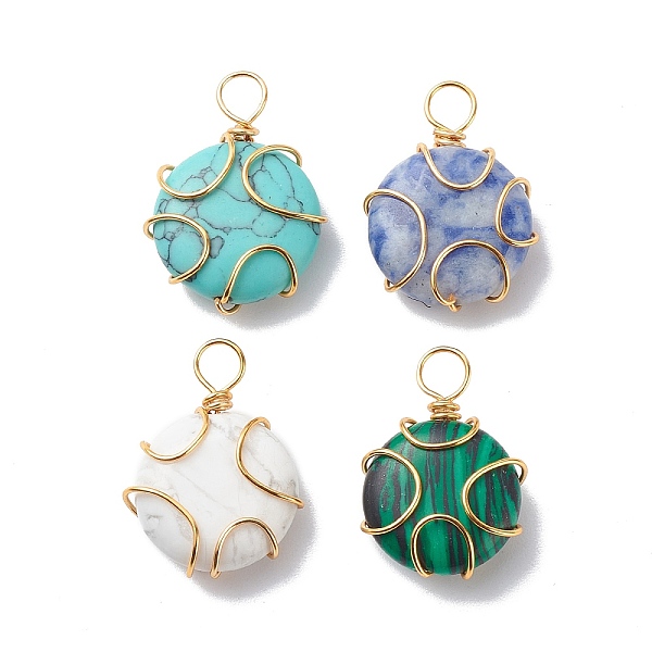 

PandaHall Synthetic & Natural Gemstone Pendant, with Golden Tone Eco-Friendly Copper Wire, Flat Round, 24x17.5x6.5mm, Hole: 3.5mm Mixed...