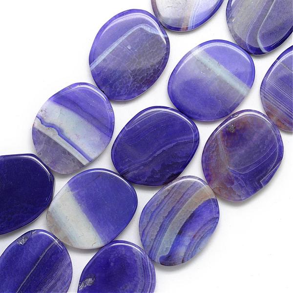 

PandaHall Natural Striped Agate/Banded Agate Beads Strand, Dyed, Oval, DarkSlate Blue, 39~40x32.5~33x6.5~7mm, Hole: 2.5mm, about...