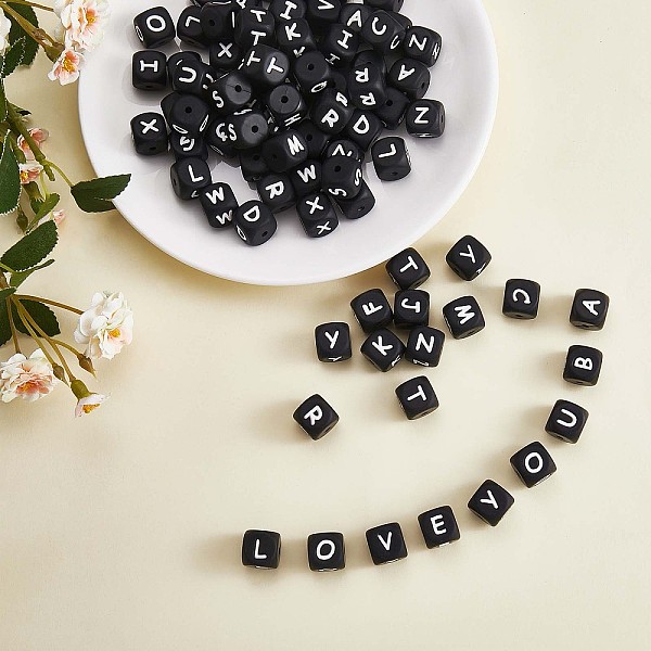 

PandaHall 20Pcs Black Cube Letter Silicone Beads 12x12x12mm Square Dice Alphabet Beads with 2mm Hole Spacer Loose Letter Beads for Bracelet...