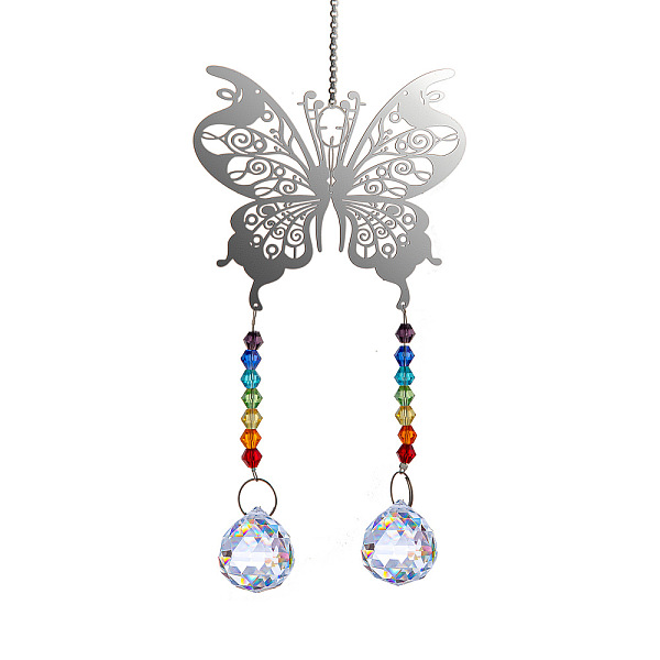 

PandaHall Glass Big Pendant Decorations, Hanging Suncatchers, with Metal Butterfly Link for Garden Decoration, Round, 450mm Glass Round