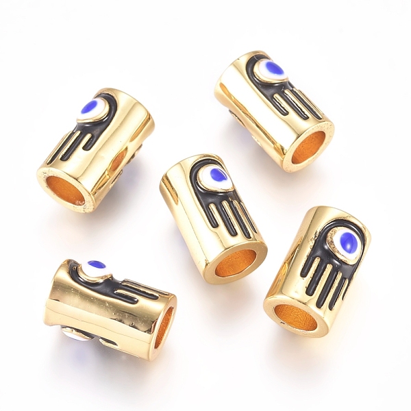 

PandaHall Brass Enamel Beads, Column with Palm & Evil Eye, Golden, Black, 9.8x6.5x6mm, Hole: 3.8mm Brass+Enamel Column Black