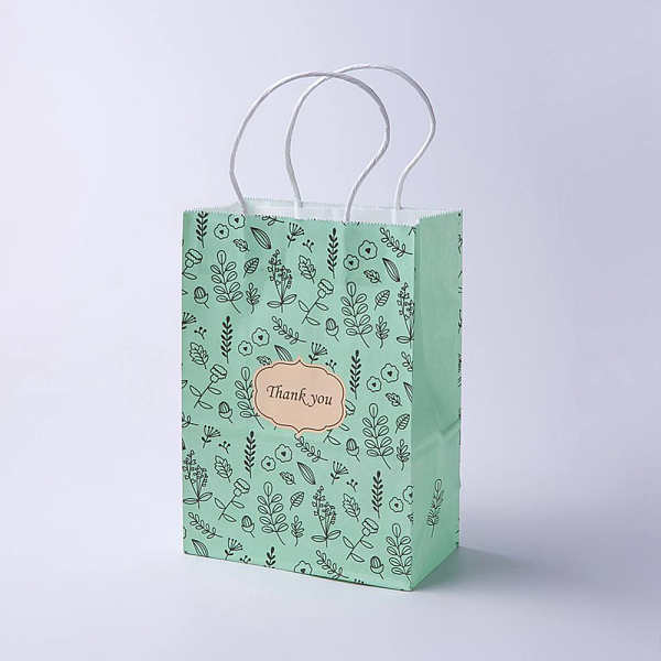 PandaHall kraft Paper Bags, with Handles, Gift Bags, Shopping Bags, Rectangle, Flower Pattern, Green, 27x21x10cm Paper Flower Green