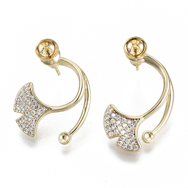 

PandaHall Brass Micro Pave Cubic Zirconia Stud Earring Settings, for Enamel and Half Drilled Beads, Nickel Free, Ginkgo leaf, Clear, Real...