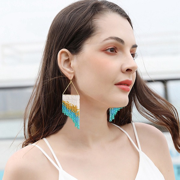 

PandaHall Brass Chandelier Earrings, Glass Seed Beaded Tassel Earrings, Antique White, 100x32mm Seed Beads
