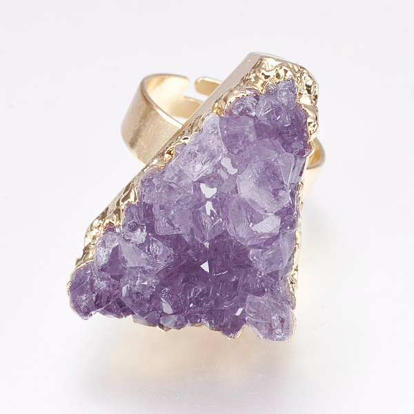

PandaHall Adjustable Druzy Crystal Finger Rings, with Brass Findings, Golden, 18mm Quartz Crystal