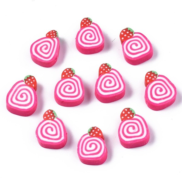 PandaHall Handmade Polymer Clay Beads, Cake with Strawberry, Deep Pink, 10~13x7~10x4mm, Hole: 1.6mm Polymer Clay Others