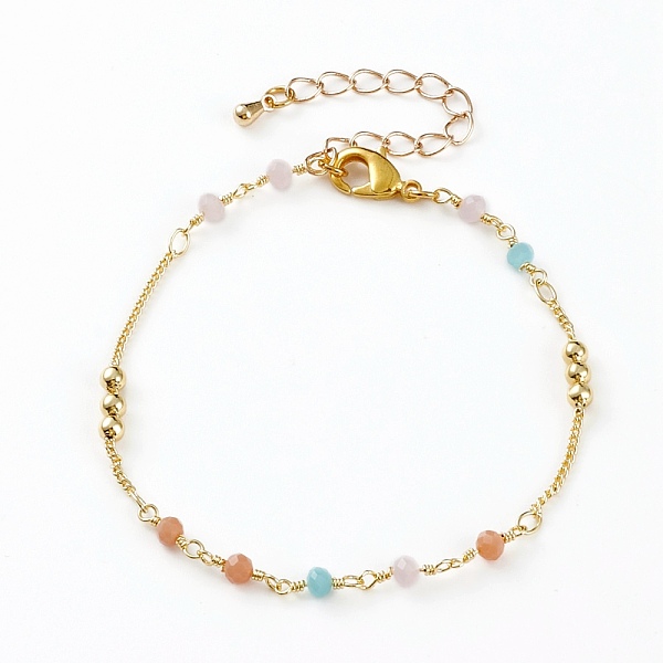 

PandaHall Faceted Glass Beaded Bracelets, with Brass Beads and Lobster Claw Clasps, Round, Real 18K Gold Plated, Colorful, 7-1/4 inch...