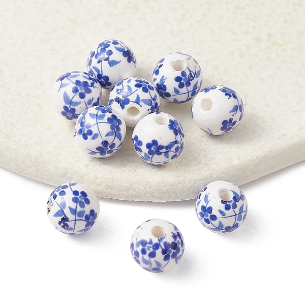 

PandaHall Handmade Porcelain Beads, Blue and White Porcelain, Round with Flower, Blue, 8mm, Hole: 1.8mm Porcelain Round Blue