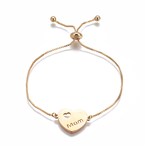 

PandaHall Mother's Day Gifts, 201 Stainless Steel Slider Bracelets, Box Chains, Heart with Word Mom, Golden, 9-5/8 inch~9-7/8 inch...