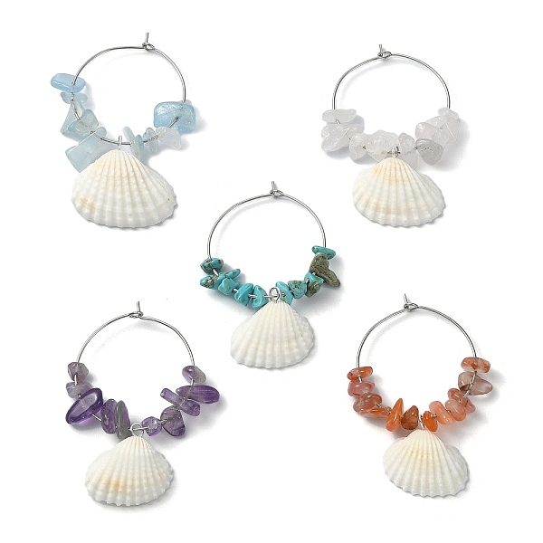 

PandaHall Natural Shell Wine Glass Charms, with Natural Carnelian & Rose Quartz & Amethyst & Aquamarine & Synthetic Turquoise Chips and 316..., Multicolor