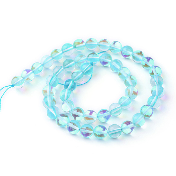 

PandaHall Synthetic Moonstone Beads Strands, Holographic Beads, Dyed, Round, Light Sky Blue, 6mm, Hole: 1mm, about 60~62pcs/strand, 14~15...