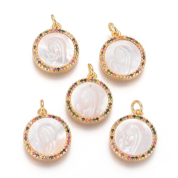 

PandaHall Brass Pendants, with Micro Pave Cubic Zirconia, Shell and Jump Rings, Flat Round with Virgin Mary, Colorful, Golden, 18x15x3mm...