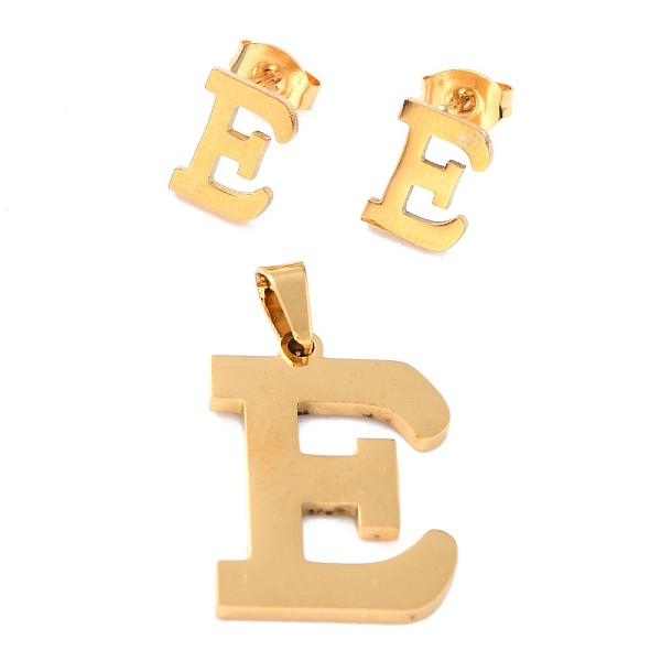 

PandaHall 304 Stainless Steel Pendants and Stud Earrings Jewelry Sets, Alphabet, Letter.E, 20~23x13~19x1.5mm, Hole: 6x3mm, 6~10x6~9x1mm, Pin...
