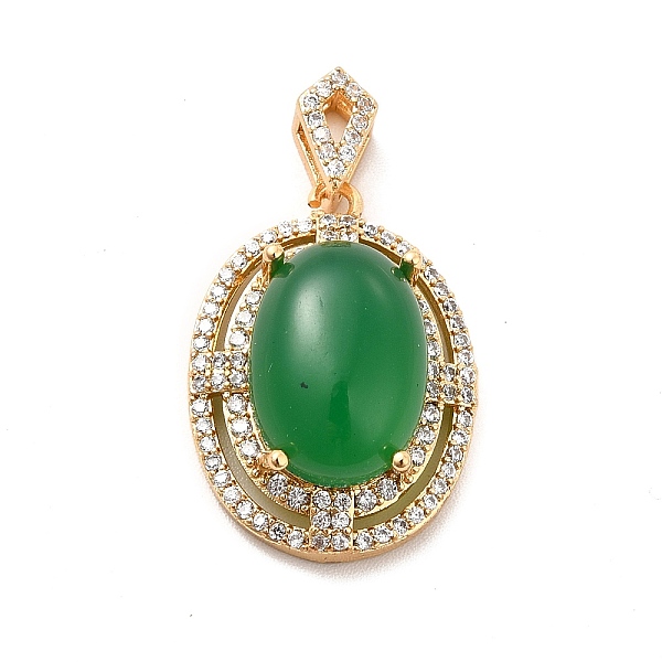 

PandaHall Brass Micro Pave Clear Cubic Zirconia Pendants, with Green Glass, Oval Charm, Real 18K Gold Plated, 38mm, Hole: 2x2.5mm...