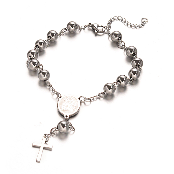 

PandaHall Rosary Bead Bracelets with Cross, 201 Stainless Steel Bracelet for Easter, Oval with Virgin Mary, Stainless Steel Color, 9 inch...
