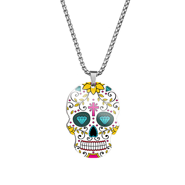 PandaHall Stainless Steel Skull with Flower Pendant Necklaces, Halloween Jewelry for Women, Dark Turquoise, 23.62 inch(60cm) Stainless Steel