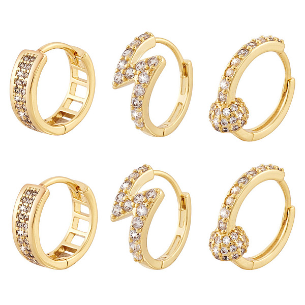 

PandaHall Jewelry 3 Pairs 3 Style Round & Lightning Bolt & Square Cubic Zirconia Huggie Hoop Earrings, Brass Earring for Girl Women, Golden..., Clear