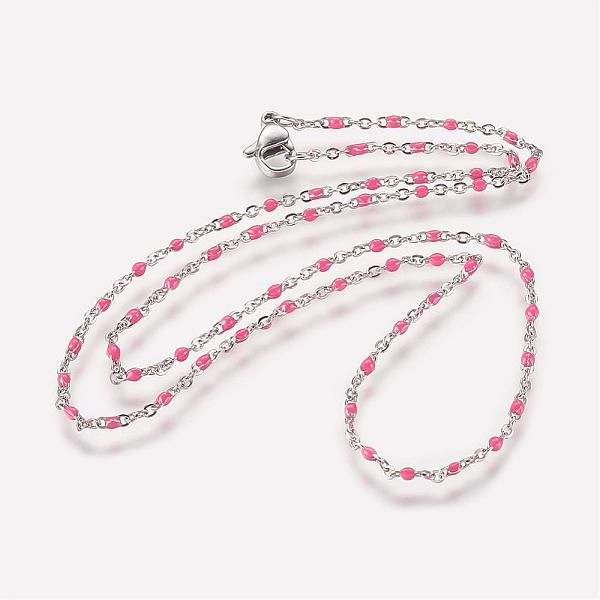 

PandaHall 304 Stainless Steel Chain Necklaces, with Enamel Links, Platinum, Hot Pink, 17.91 inch(45.5cm), 1.5~2mm 304 Stainless Steel Pink
