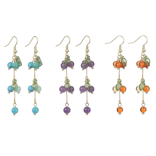 

PandaHall 3 Pair 3 Style Natural Mixed Stone Beads & Acrylic Leaf Dangle Earrings, Real 18K Gold Plated Brass Tassel Earrings, 71x12mm, 1..., Green