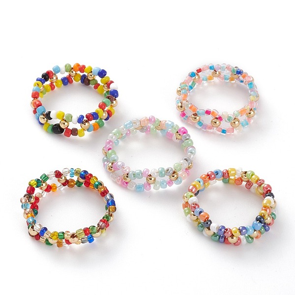 

PandaHall Round Mixed Style Glass Seed Beaded Finger Rings, with Golden Plated Brass Beads, Mixed Color, US Size 14 1/4(23.2mm) Glass..., Multicolor