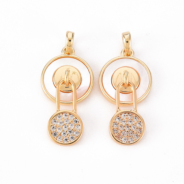 

PandaHall Brass Micro Pave Clear Cubic Zirconia Pendants, with Natural Shell, Nickel Free, Flat Round with Safety Pins, Real 18K Gold Plated...