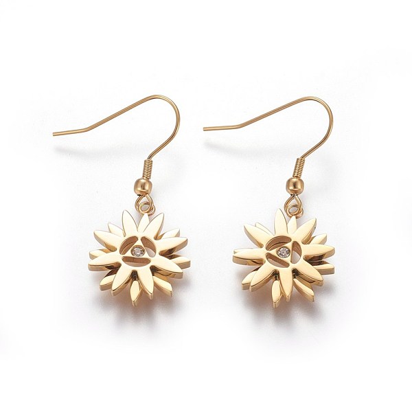 

PandaHall 304 Stainless Steel Dangle Earrings, with Cubic Zirconia, Flower, Golden, 40mm, Pin: 0.8mm Cubic Zirconia