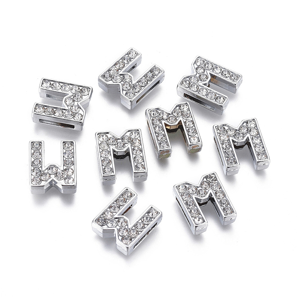 

PandaHall Alloy Initial Slide Charms with Grade A Rhinestones, Lead Free & Nickel Free, Platinum, Letter.M, 12~13x8~13x4~5mm, Hole: 8x2mm..., Clear
