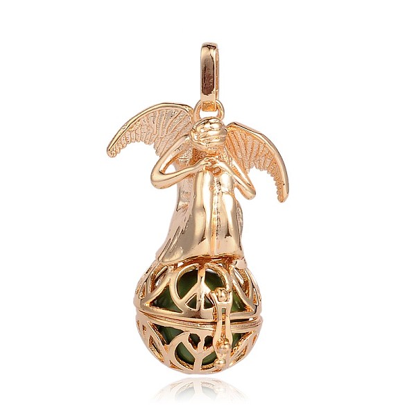 

PandaHall Golden Plated Brass Hollow Round Cage Pendants, with No Hole Spray Painted Brass Round Beads, Angel, Olive Drab, 44x29x20mm, Hole...
