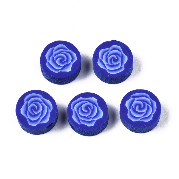 PandaHall Handmade Polymer Clay Beads, for DIY Jewelry Crafts Supplies, Flat Round with Flower, Medium Blue, 9.5x3.5~5mm, Hole: 1.8mm...