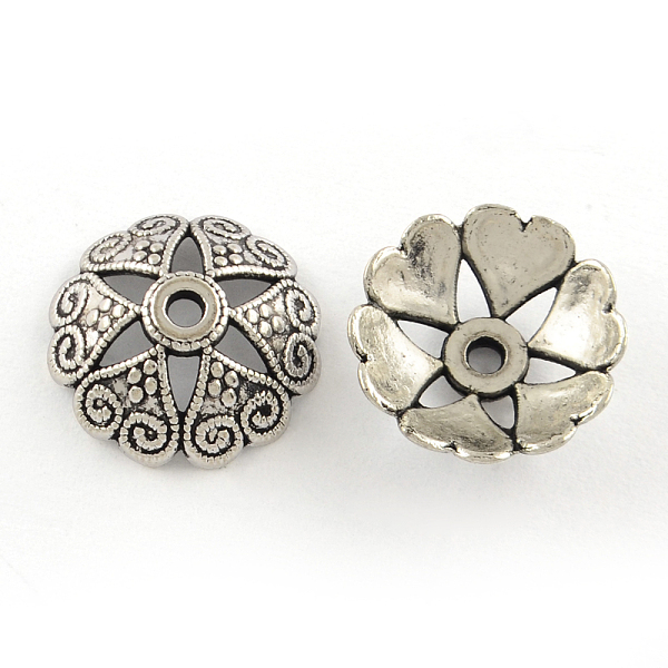 

PandaHall Tibetan Style Alloy Bead Caps, Cadmium Free & Lead Free, Flower, Antique Silver, 14x5mm, Hole: 2mm Alloy