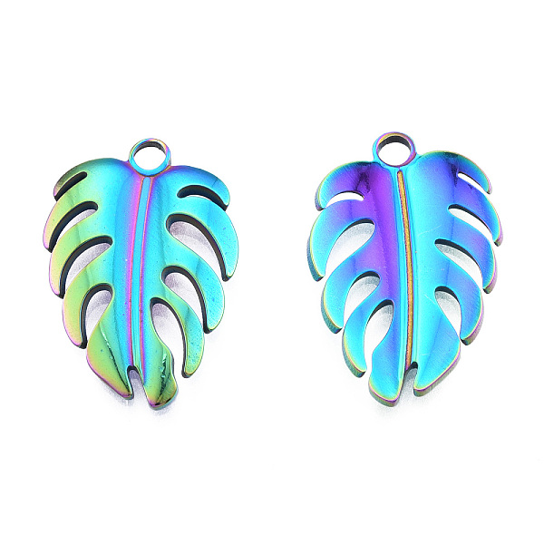 

PandaHall Ion Plating(IP) 201 Stainless Steel Pendants, Monstera Leaf, Rainbow Color, 26.5x18x2mm, Hole: 2.5mm 201 Stainless Steel Leaf