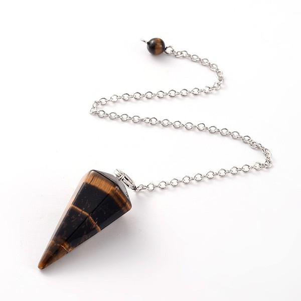 

PandaHall Platinum Tone Brass Tiger Eye Cone Hexagonal Pointed Dowsing Pendulums, with Lobster Claw Clasps, 230x3mm Tiger Eye Cone