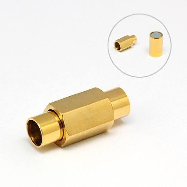 

PandaHall 304 Stainless Steel Magnetic Clasps with Glue-in Ends, Ion Plating (IP), Column, Golden, 20mm, Hole: 5mm, In Diameter: 8mm 304...