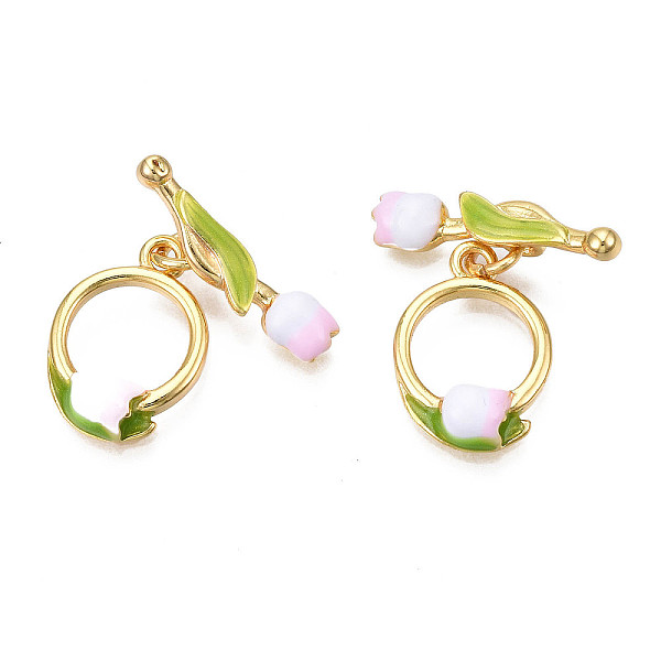 

PandaHall Brass Enamel Toggle Clasps, with Jump Rings, Real 18K Gold Plated, Nickel Free, Flower, Pearl Pink, 24.5mm, Flower: 20x5x2mm, hole...