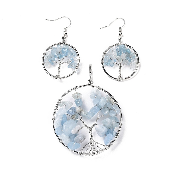 

PandaHall Brass Jewelry Sets, Big Pendants and Dangle Earrings, with Natural Aquamarine, Platinum, Ring with Tree of Life...