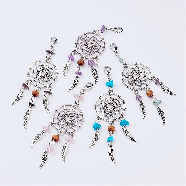 

PandaHall Alloy Pendants, Woven Net/Web with Feather, with Natural/ Synthetic Natural & Synthetic Mixed Stone Beads and Brass Lobster Claw...