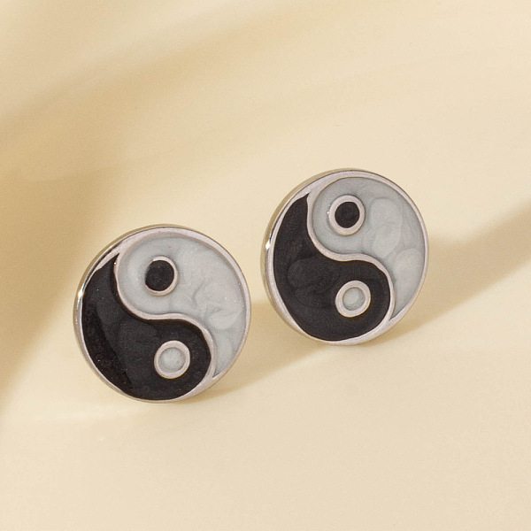 Retro Chinese Style 304 Stainless Steel Flat Round with Yin-yang Stud Earrings
