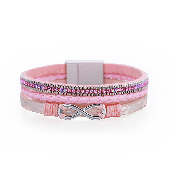 

PandaHall Bohemian Vacation Style Triple-layered Rhinestone Woven 8-shaped Leather Bracelet - Ethnic, Exaggerated, Pink, 7-5/8x1/2 inch...
