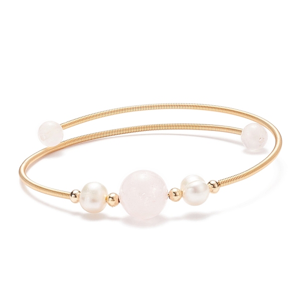 

PandaHall Natural Rose Quartz & Pearl Round Beaded Bangle, Brass Torque Bangle for Women, Golden, Inner Diameter: 2-1/4 inch(5.6cm) Rose...