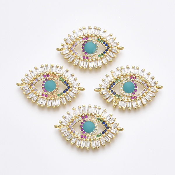 

PandaHall Brass Micro Pave Cubic Zirconia Links connectors, Eye, Colorful, Golden, 18~19x27x2.5mm, Hole: 1mm Brass+Cubic Zirconia Eye