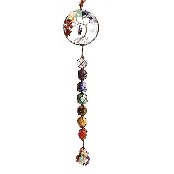 

PandaHall Chakra Theme Big Pendant Decorations, Hand Knitting with Owl Charm, Natural Gemstone Beads and Stone Chips Tassel, Flat Round with...