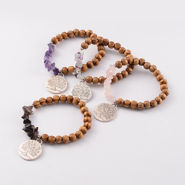 

PandaHall Round Wood Beaded Stretch Bracelets, with Mixed Stone Chips Beads and Tree of Life Alloy Pendants, Antique Silver, 60mm Mixed...