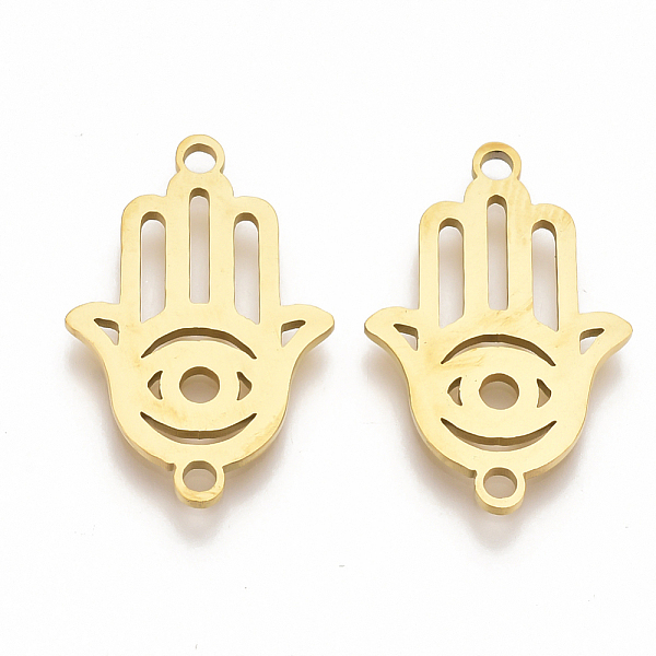 

PandaHall 201 Stainless Steel Links connectors, Laser Cut Links, Hamsa Hand/Hand of Fatima/Hand of Miriam with Eye, Golden, 24x15x1mm, Hole...