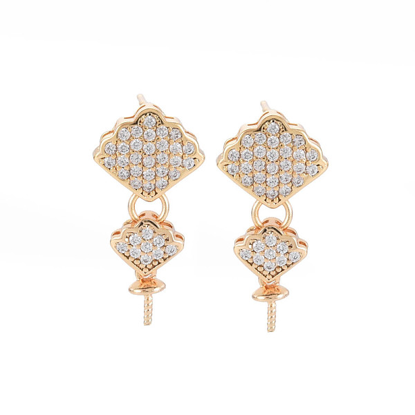 

PandaHall Brass Micro Pave Clear Cubic Zirconia Stud Earring Findings, for Half Drilled Beads, Nickel Free, Rhombus, Real 18K Gold Plated...