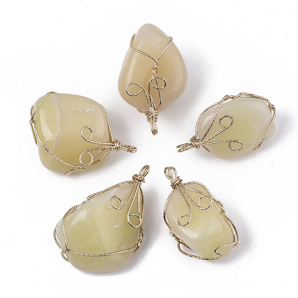 

PandaHall Dyed Natural White Jade Wire Wrapped Pendants, with Light Gold Plated Iron Wire, Nuggets, Pale Goldenrod, 37~50x25~30x19~25mm..., Yellow
