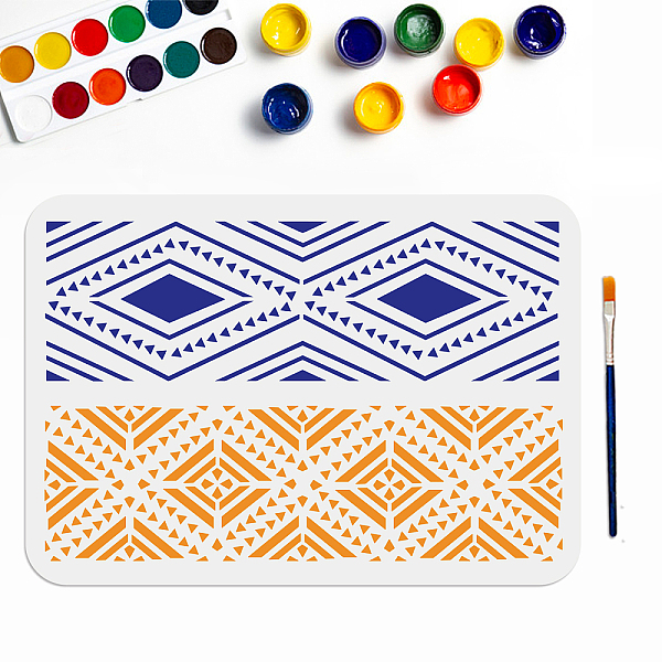 

PandaHall MAYJOYDIY Rhombus Stencil Boho Geometric Stencil 2 Styles 11.7×8.3inch with Paint Brush Reusable DIY Art and Craft Wall Decor on...