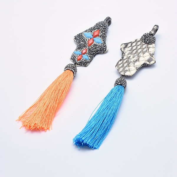 

PandaHall Handmade Snakeskin Leather Polymer Clay Rhinestone Tassel Pendants, with Brass Findings and Glass Cabochons, Gunmetal, Hamsa..., Multicolor