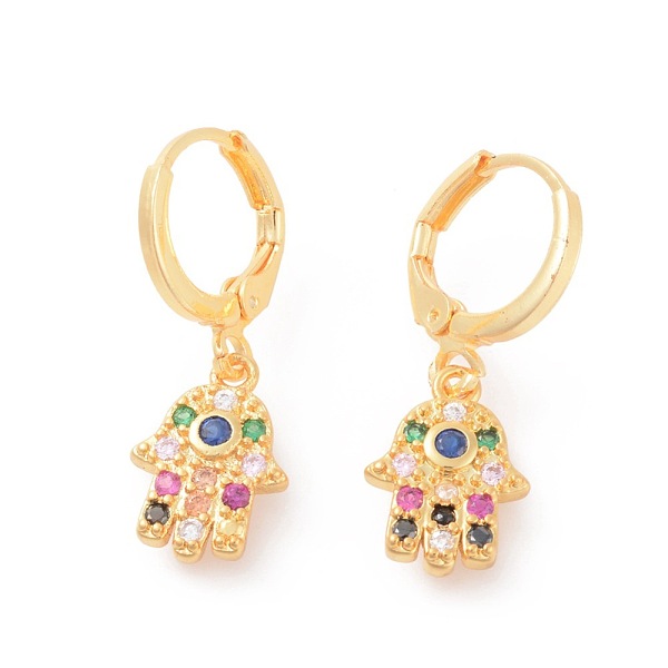 

PandaHall Brass Micro Pave Cubic Zirconia Dangle Hoop Earrings, Hamsa Hand/Hand of Fatima/Hand of Miriam, Colorful, Golden, 26mm, Pin: 0.9mm...